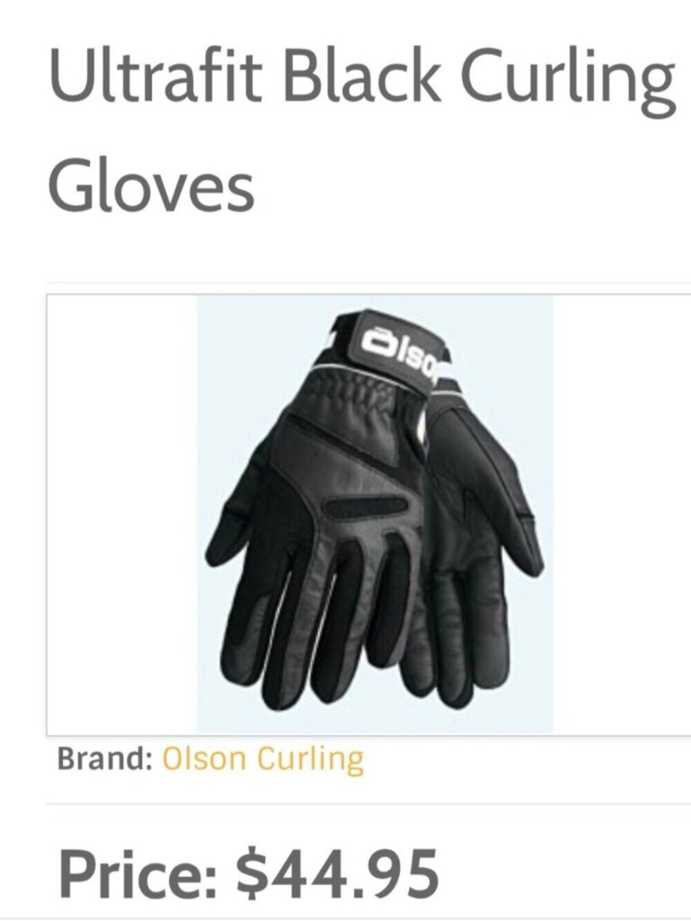 Olson Unisex Ultrafit Glove Curling Gloves Size large New Without Tags